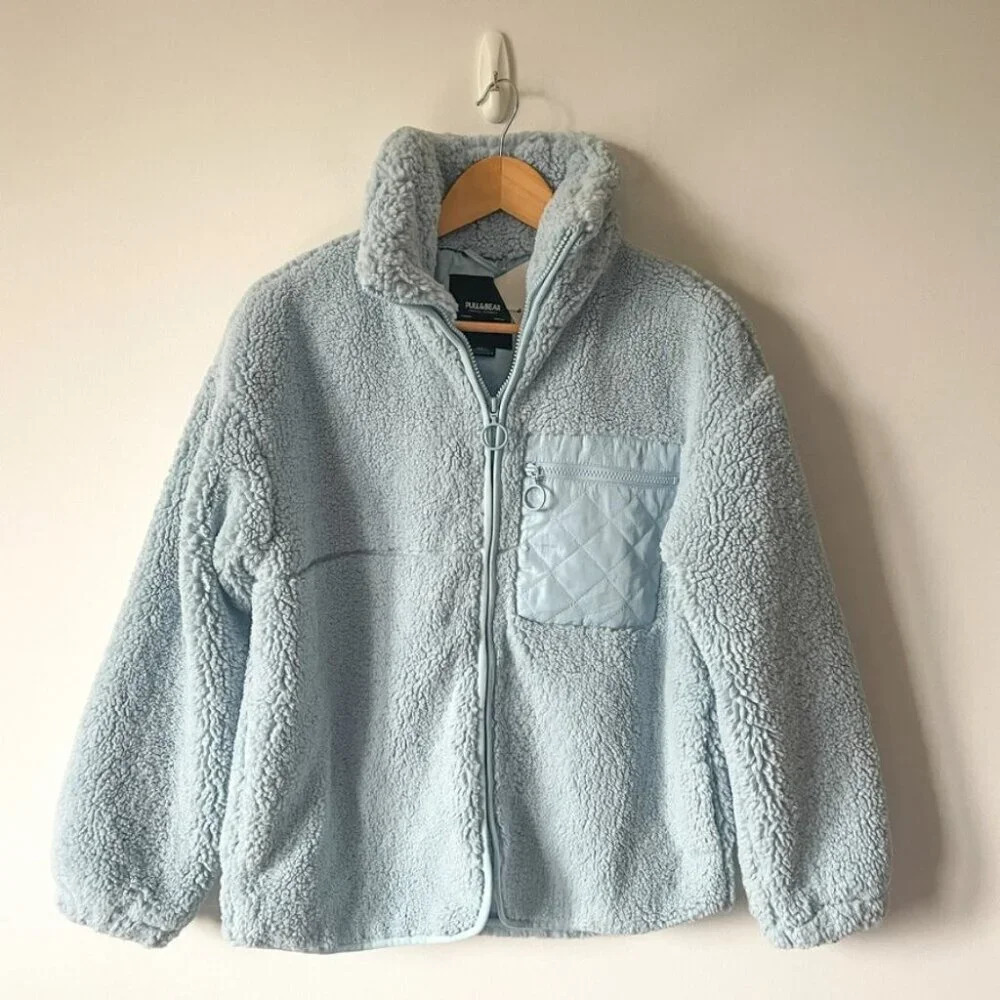 Pull &  Bear Soft Teddy Sherpa Zip Up Jacket Sweater NWT Light Blue Size XS